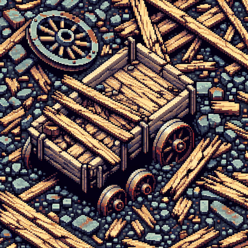 wrecked wood boards and small metal wheels (rests of a miner's wagon).
Pixel art. close Zenith view.