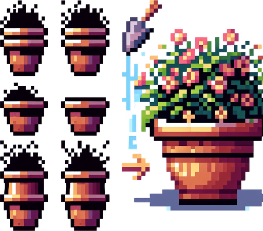 pixel art of a garden pot.
Single Game Texture. In-Game asset. 2d. Blank background. High contrast. No shadows.