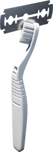 Prison shank made out of a toothbrush and a razor pointing straight up.
Single Game Texture. In-Game asset. 2d. Blank background. High contrast. No shadows.