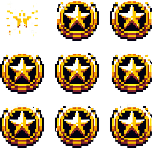 Create an 8-bit pixelated sprite sheet featuring a golden coin with a star symbol in the center. The coin should be viewed from multiple perspectives to create the illusion of spinning in place, with each frame showing slight rotational movement. The sprite sheet should include enough frames to produce a smooth spinning animation, with consistent shading and highlights to enhance the 3D effect of the coin rotating. The star symbol should remain centered and consistent throughout the animation, while the outer edges of the coin shift to reflect the spin..
Single Game Texture. In-Game asset. 2d. Blank background. High contrast. No shadows.