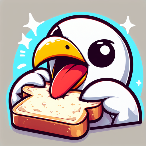 Create a cartoon-style illustration of a seagul's face chomping down on a slice of bread make it comical.
Single Game Texture. In-Game asset. 2d. Blank background. High contrast. No shadows.