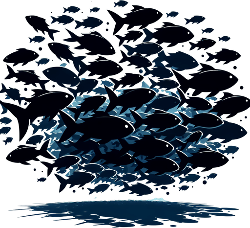 Create a cartoon-style illustration of a dark silhouette of a shoal of fish, side profile..
Single Game Texture. In-Game asset. 2d. Blank background. High contrast. No shadows.