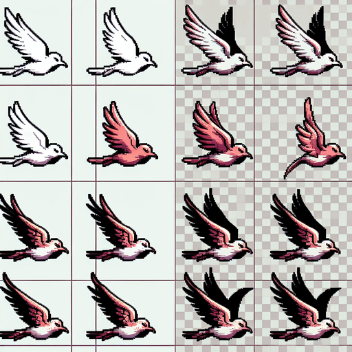 sprite sheet of a bird flying two positions, one with   wings up, one with wings down.
sprite sheet 2 x 2