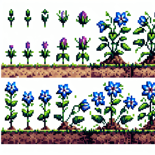 pixel art sprite sheet of a growing plant with two blue flowers.
In-Game asset. 2d. Blank background. High contrast. No shadows.