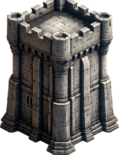 a medieval style stone tower. top down view. Single Game Texture. In-Game asset. 2d. Blank background. High contrast. No shadows.