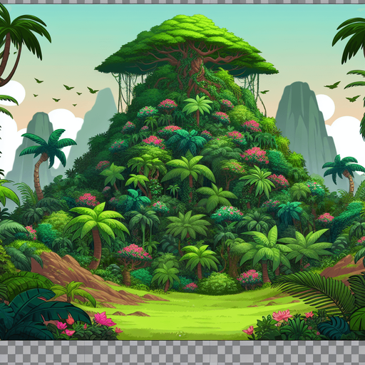 jungle background. Big green mount in the back. Cartoon. In game asset. No shadaw. High contrast.
Single Game Texture. In-Game asset. 2d. Blank background. High contrast. No shadows.