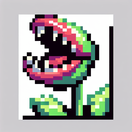 Head of a carnivorous plant, mouth open at top, pixel art
Single Game Texture. In-Game asset. 2d. Blank background. High contrast. No shadows.