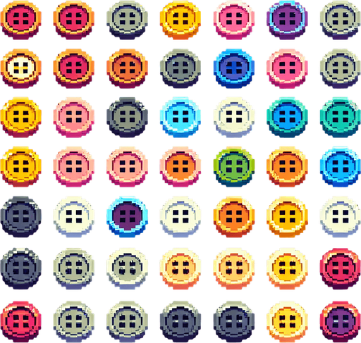 Create a sprite sheet featuring various sewing buttons. Each button should be distinct, with a cohesive color scheme containing a wide range of rainbow colors. The style should be detailed pixel art, reminiscent of classic 8-bit era video game. Arrange the components on a dark background, with each part neatly aligned in rows and columns for easy identification and use in game development..
Single Game Texture. In-Game asset. 2d. Blank background. High contrast. No shadows.