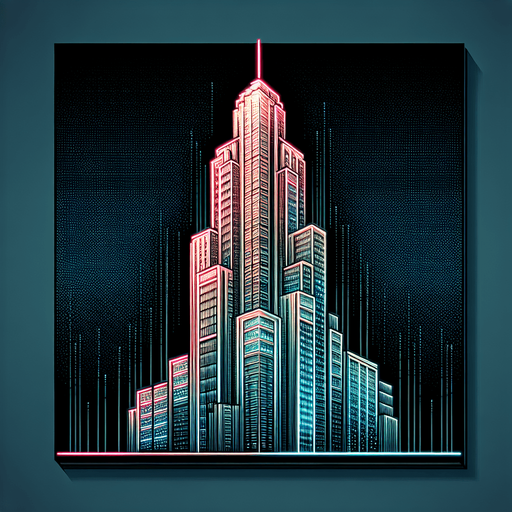 Neon cityscape, skyscraper, single vertical building , window panes.
Single Game Texture. In-Game asset. 2d. Blank background. High contrast. No shadows.