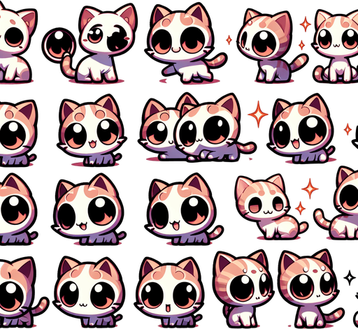 A sprite sheet of happy, cute and very silly looking little cats with large eyes..
Single Game Texture. In-Game asset. 2d. Blank background. High contrast. No shadows.