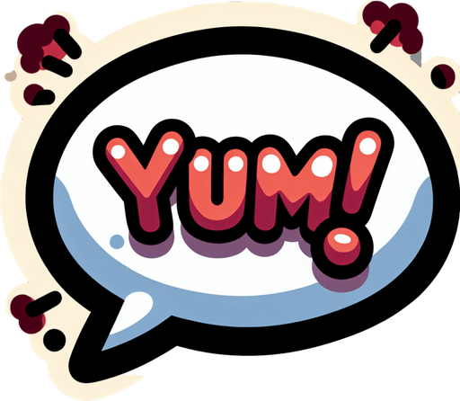 create a cartoon-style illustration of an speech bubble with the word "Yum!".
Single Game Texture. In-Game asset. 2d. Blank background. High contrast. No shadows.