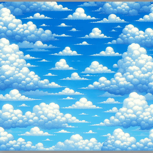 A clear blue sky with fluffy white clouds drifting lazily across..
Single Game Texture. In-Game asset. 2d. Blank background. High contrast. No shadows.