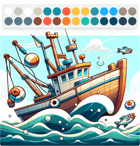 Create a cartoon-style illustration of a fishing boat. The goal is to capture a lively boat in action..
Single Game Texture. In-Game asset. 2d. Blank background. High contrast. No shadows.