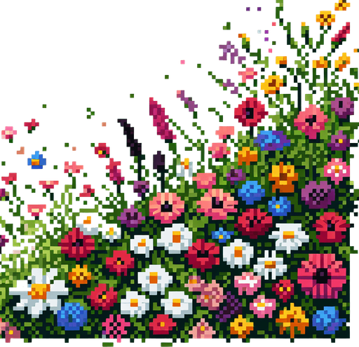 pixel art of a flower patch.
game asset, 2d, white background, shadowless.