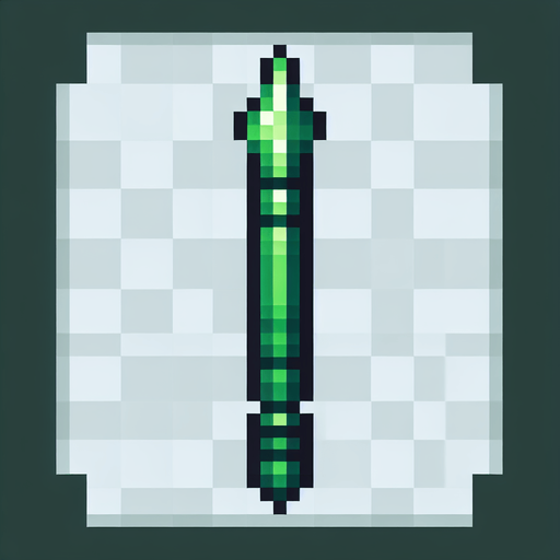 a straight crossbow bolt made of jade. top down view. pixelart. bolt only, crossbow not included. vertical display, from bottom to top. Single Game Texture. In-Game asset. 2d. Blank background. High contrast. No shadows.