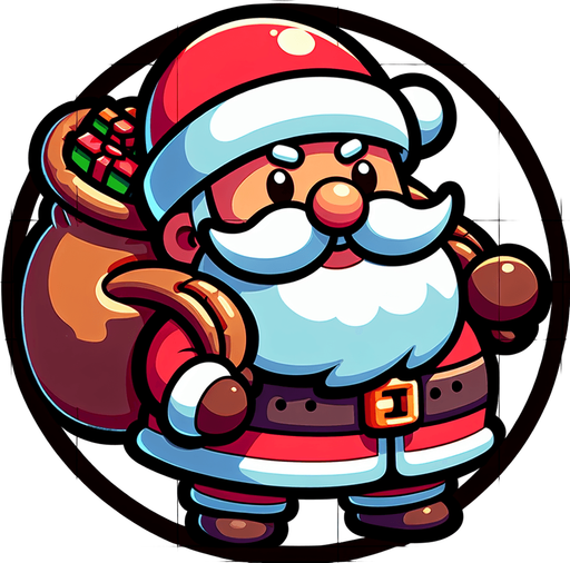 Circular Santa, with gifts on his back. Cartoon. Single Game Texture. In-Game asset. 2d. Blank background. High contrast. No shadows.