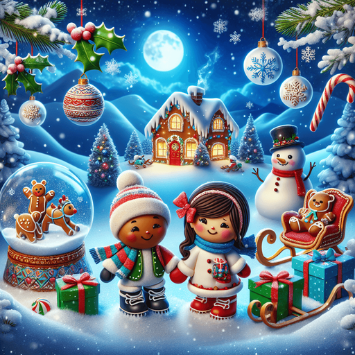 a feeric christmas landscape at night with a snow man , candy canes ,holly leafs and snow flakes, cute penguin, Santa's reindeers, green, red and blue presents and a lot of toys, a sled, gingerbread boy and girl, snow globes, a cute polar bear cub. a gingerbread house Background image