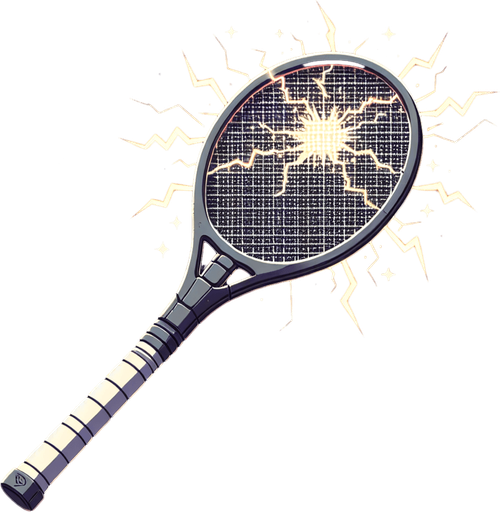 The electric mosquito killing bat sprite sheet will illustrate the device in two states: idle and activated. In the idle state, the bat resembles a tennis racket with a fine mesh grid, featuring a handle for easy grip and a subtle glow emanating from the electrified grid. The activated state showcases the bat in action, zapping mosquitoes with bright sparks and flashes of electricity as they come into contact with the mesh. The sparks should be animated to convey the sensation of a powerful electric discharge. Additional details could include small mosquito silhouettes near the grid in the activated state, or a faint buzzing sound effect to enhance the visual and auditory experience..
Single Game Texture. In-Game asset. 2d. Blank background. High contrast. No shadows.