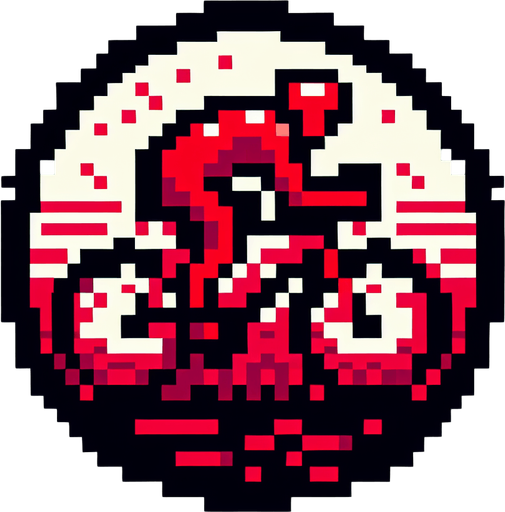 red 8-bit pixelated cyclist seen from the front. bird-eye perspective. black outline. pixelated.
Single Game Texture. In-Game asset. 2d. Blank background. High contrast. No shadows.