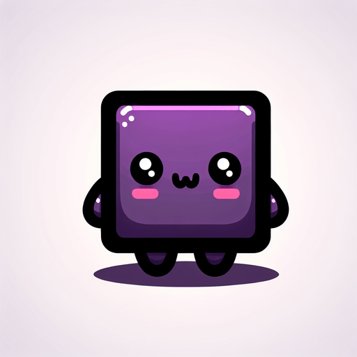 a cute purple square with two black arms and legs with a face and blush.
Single Game Texture. In-Game asset. 2d. Blank background. High contrast. No shadows.