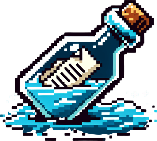 8 bit. cartoon. bottle with a message . floating in the water.  in game asset. no background. Single Game Texture. In-Game asset. 2d. Blank background. High contrast. No shadows.