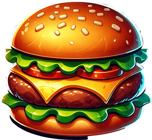 tasty burger.
Single Game Texture. In-Game asset. 2d. Blank background. High contrast. No shadows.