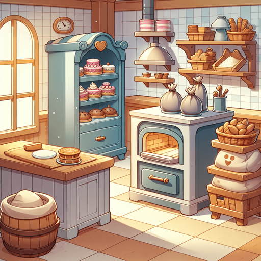 Cartoon bluno background of a bakery.
Single Game Texture. In-Game asset. 2d. Blank background. High contrast. No shadows.