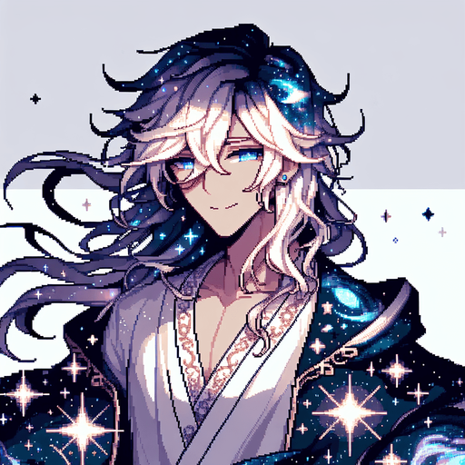 beautiful cosmic anime man.
pixel art, blank background