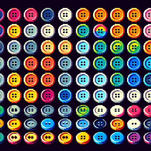 Create a sprite sheet featuring various sewing buttons. Each button should be distinct, with a cohesive color scheme containing a wide range of rainbow colors. The style should be detailed pixel art, reminiscent of classic 8-bit era video game. Arrange the components on a dark background, with each part neatly aligned in rows and columns for easy identification and use in game development..
Single Game Texture. In-Game asset. 2d. Blank background. High contrast. No shadows.