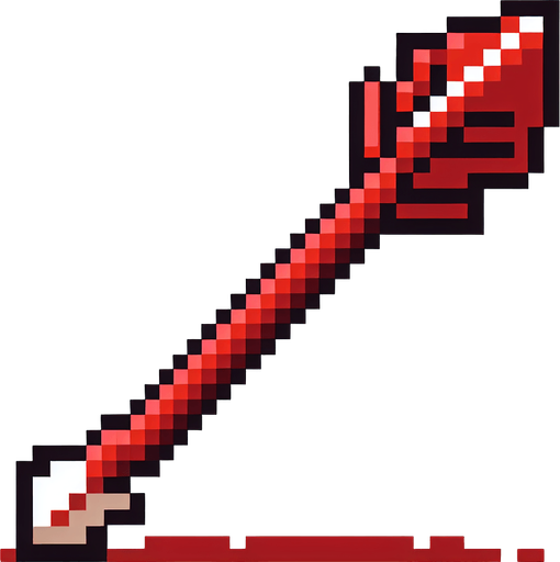 A red hunting arrow, pointing straight up. Pixelart. Vertical view. Single Game Texture. In-Game asset. 2d. Blank background. High contrast. No shadows.