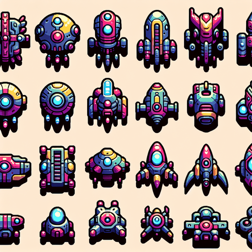 Sprite sheet of different Enemy spaceship, alien looking. Vibrant colors. Cartoon feeling. 4x4 sprite sheet..
Single Game Texture. In-Game asset. 2d. Blank background. High contrast. No shadows.