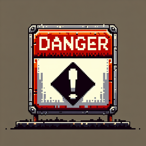 danger sign with an exclamation mark and the word 'danger' written on it, front view, I want the art style to reflect a classic 16-bit retro pixel art aesthetic, reminiscent of early 1990s RPGs..
Single Game Texture. In-Game asset. 2d. Blank background. High contrast. No shadows.