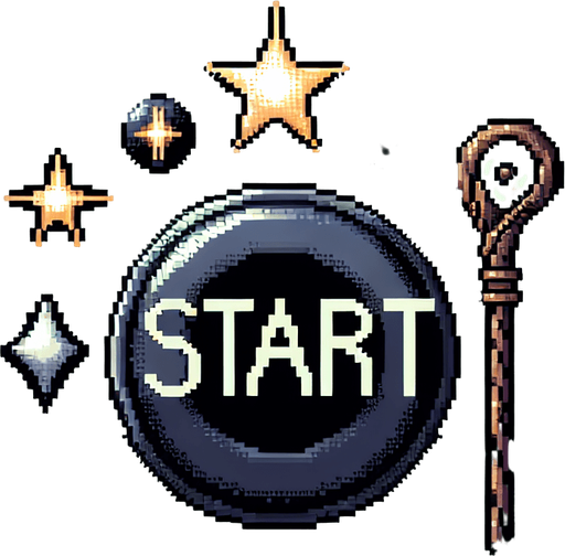 A start button for an elf game in a magic forest.
Pixel art.