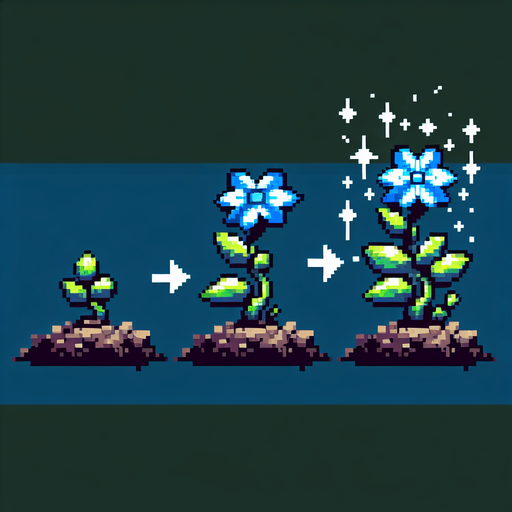 pixel art sprite sheet of a growing plant with two blue flowers.
In-Game asset. 2d. Blank background. High contrast. No shadows.