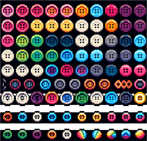 Create a sprite sheet featuring various sewing buttons. Each button should be distinct, with a cohesive color scheme containing a wide range of rainbow colors. The style should be detailed pixel art, reminiscent of classic 8-bit era video game. Arrange the components on a dark background, with each part neatly aligned in rows and columns for easy identification and use in game development..
Single Game Texture. In-Game asset. 2d. Blank background. High contrast. No shadows.