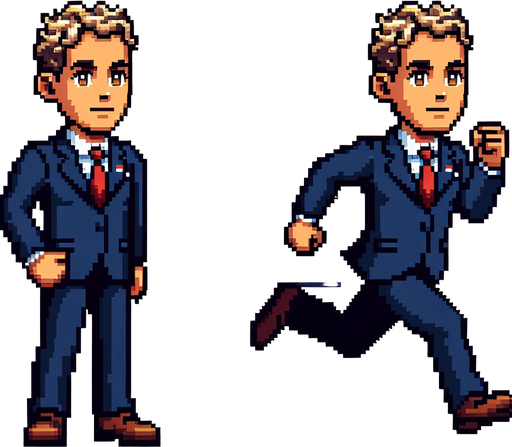 a 2d funny character in 8-bit and cartoon of donald trump. generate 2 images, one standing still and one running..