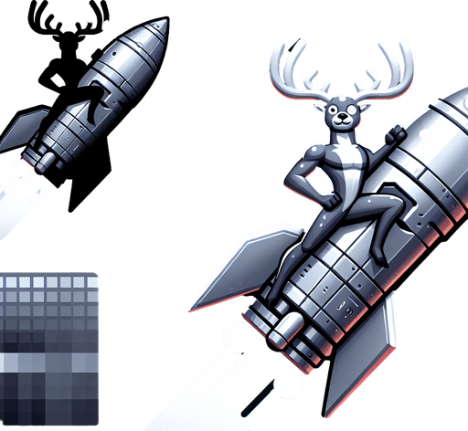 A reindeer on a rocket.
Single Game Texture. In-Game asset. 2d. Blank background. High contrast. No shadows.