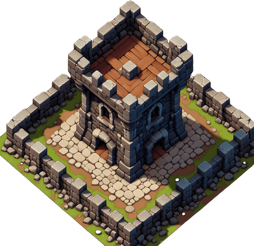 a medieval style stone tower. top down view. Single Game Texture. In-Game asset. 2d. Blank background. High contrast. No shadows.