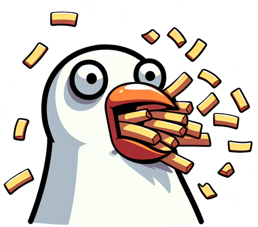 create a cartoon-style illustration of a seagul's face chomping down on fries make it comical..
Single Game Texture. In-Game asset. 2d. Blank background. High contrast. No shadows.