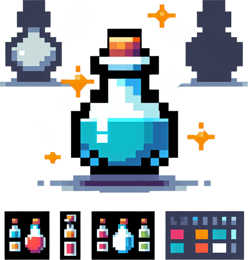 8-bit pixelated invisibility potion powerup.
Single Game Texture. In-Game asset. 2d. Blank background. High contrast. No shadows.