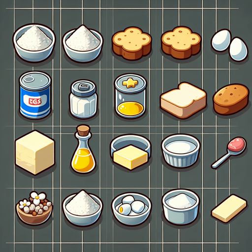 Cake ingredients.
Single Game Texture. In-Game asset. 2d. Blank background. High contrast. No shadows.