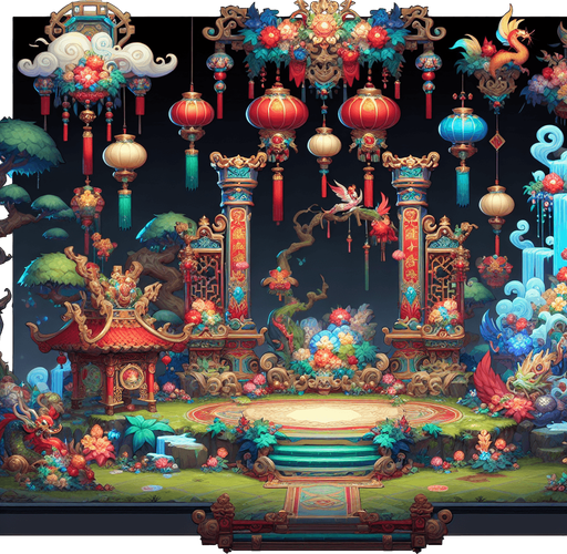 Chinese new years, enchanted forest.
Single Game Texture. In-Game asset. 2d. Blank background. High contrast. No shadows.