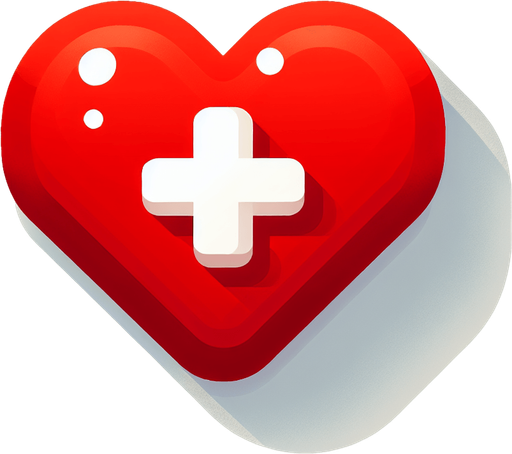 Red 
Heart  with plus symbol at centre.
Single Game Texture. In-Game asset. 2d. Blank background. High contrast. No shadows.