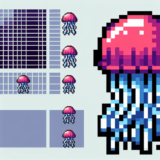 8bit. cartoon. jellyfish..
Single Game Texture. In-Game asset. 2d. Blank background. High contrast. No shadows.