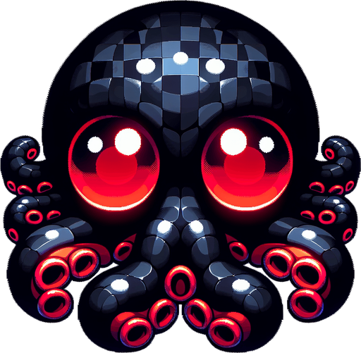 The octopus is black, with red eyes.
Single Game Texture. In-Game asset. 2d. Blank background. High contrast. No shadows.