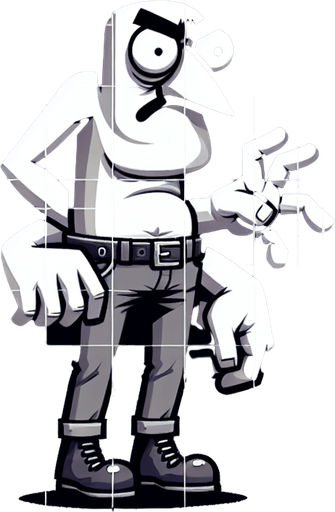 An insane, deranged man with a large right hand.
Single Game Texture. In-Game asset. 2d. Blank background. High contrast. No shadows.