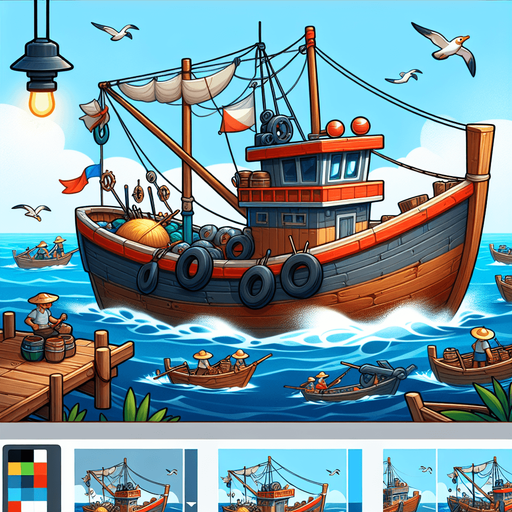 Create a cartoon-style illustration of a fishing boat. The goal is to capture a lively boat in action..
Single Game Texture. In-Game asset. 2d. Blank background. High contrast. No shadows.