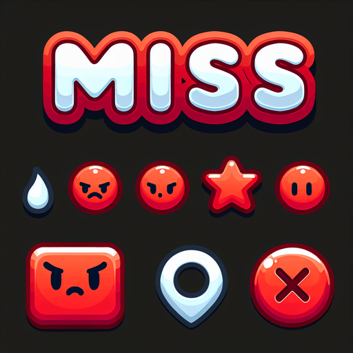 red text saying "MISS". cute cartoony graphics..
Single Game Texture. In-Game asset. 2d. Blank background. High contrast. No shadows.