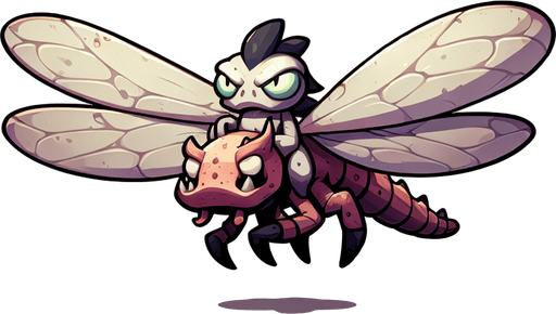 An evil snotling flying on a dragonfly. front view. enemy character in a game. Single Game Texture. In-Game asset. 2d. Blank background. High contrast. No shadows.