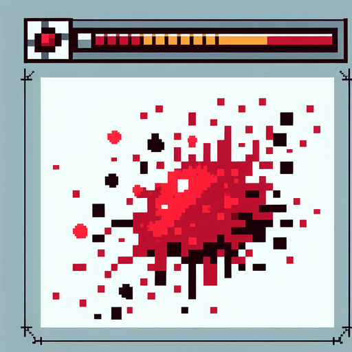 8 bit blood spatter. cartoon. Single Game Texture. In-Game asset. 2d. Blank background. High contrast. No shadows.